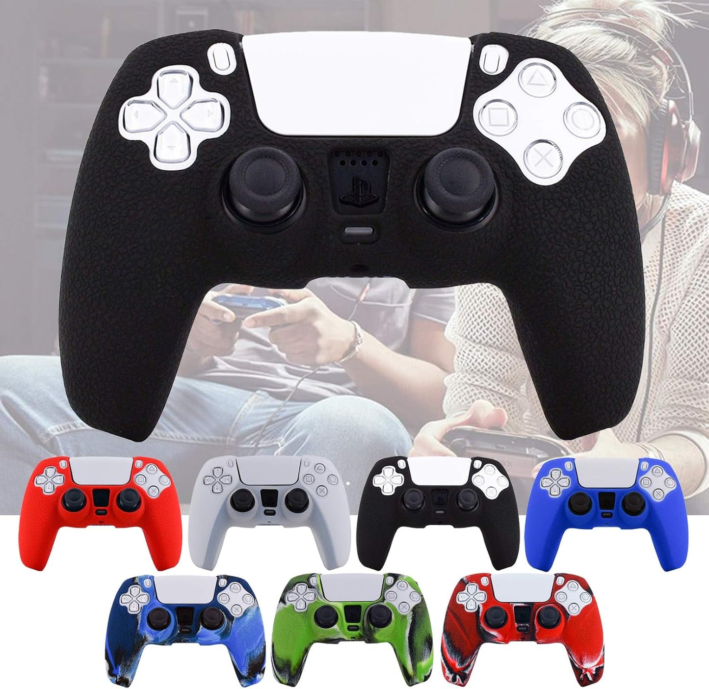 PS5 Controller Skin, Silicone Cover for Sony Playstation 5 Controller Grip Skin Protector Faceplates Kits Video Games(1X Black Cover with 4 X Thumb Grips Caps)