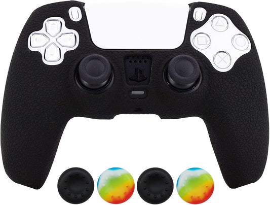 PS5 Controller Skin, Silicone Cover for Sony Playstation 5 Controller Grip Skin Protector Faceplates Kits Video Games(1X Black Cover with 4 X Thumb Grips Caps)